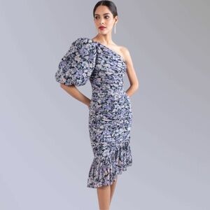 NWT SHOSHANNA MIDNIGHT MAIZE FLORAL PUFF ONE SHOULDER METALLIC DRESS SIZE 4